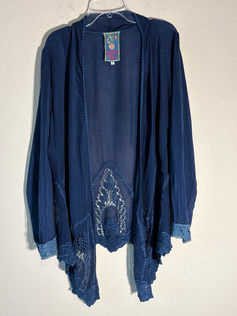 Johnny Was Navy Blue Embroidered Lace Kimono Cardigan Jacket Boho Small S